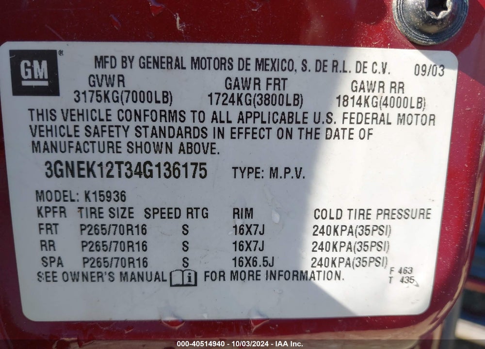 2004 CHEVROLET AVALANCHE 1500 VIN: 3GNEK12T34G136175