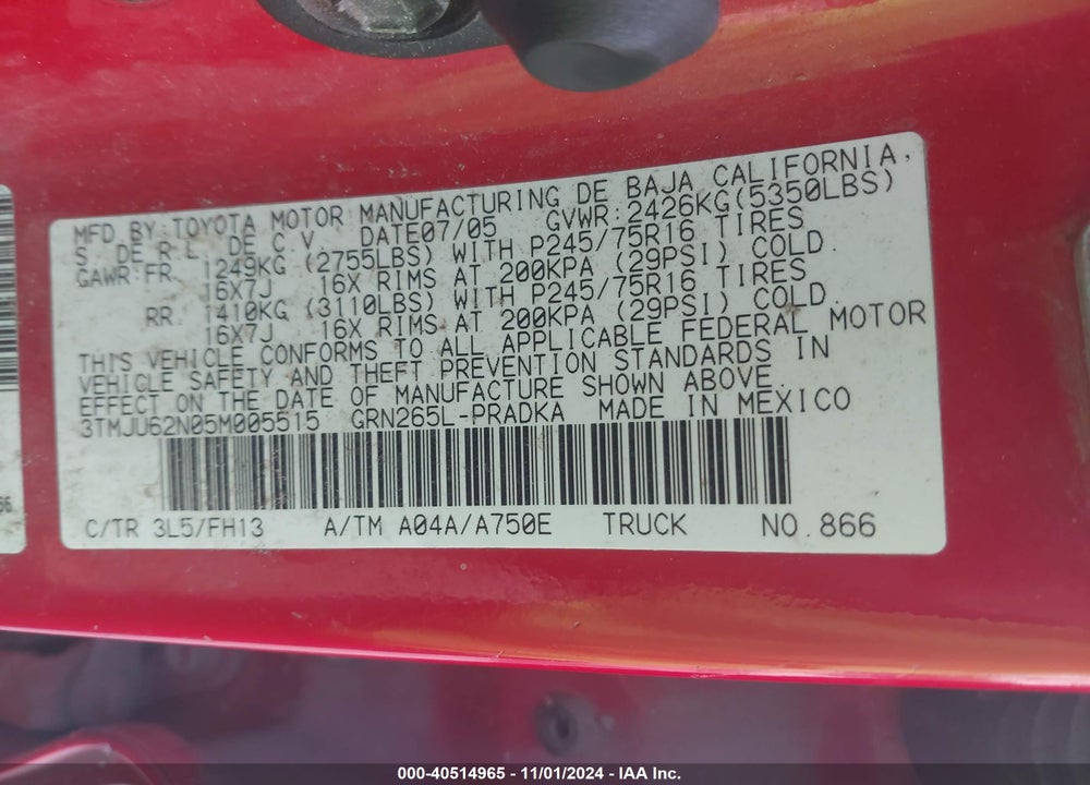 2005 TOYOTA TACOMA PRERUNNER V6 VIN: 3TMJU62N05M005515