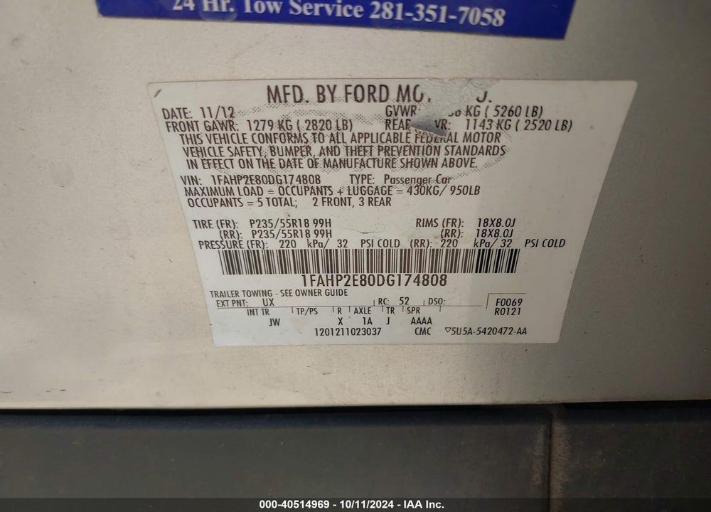 2013 FORD TAURUS SEL VIN: 1FAHP2E80DG174808