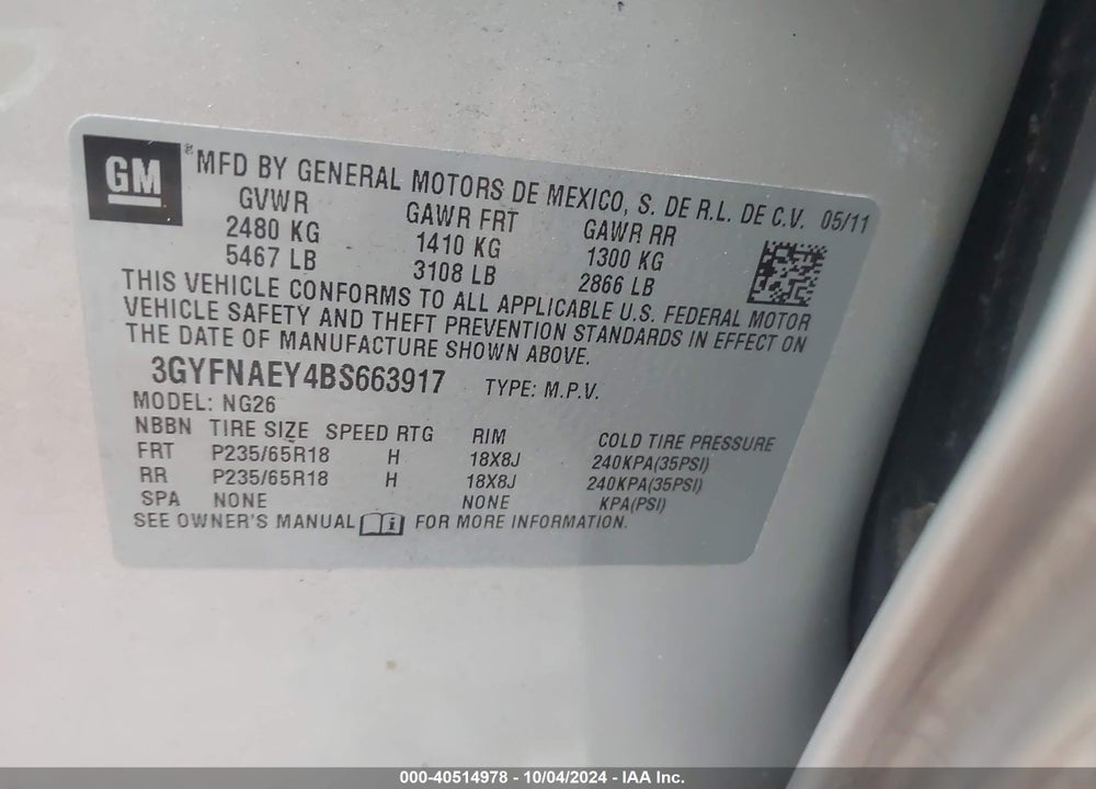 2011 CADILLAC SRX LUXURY COLLECTION VIN: 3GYFNAEY4BS663917