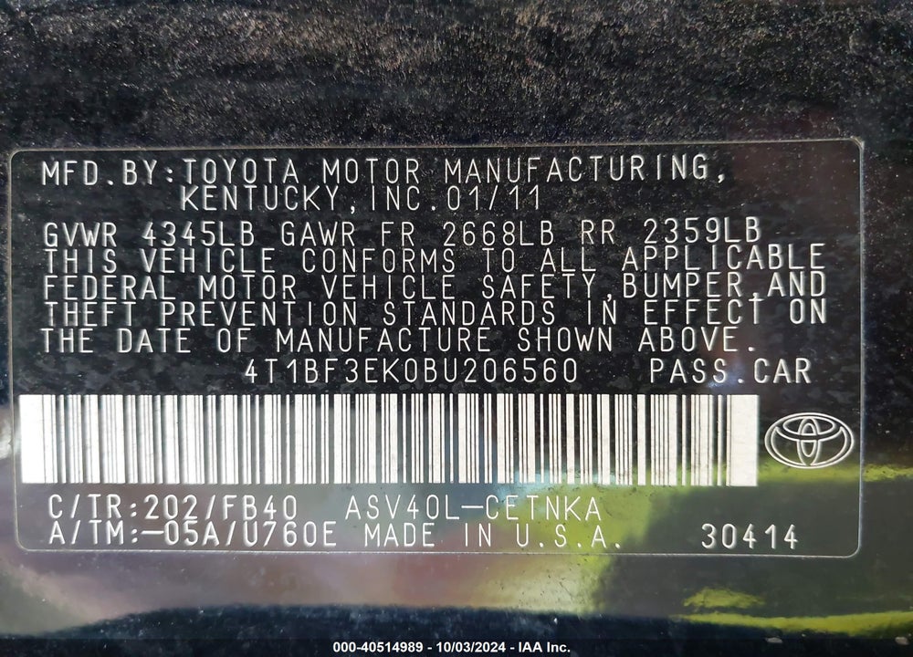 2011 TOYOTA CAMRY LE VIN: 4T1BF3EK0BU206560