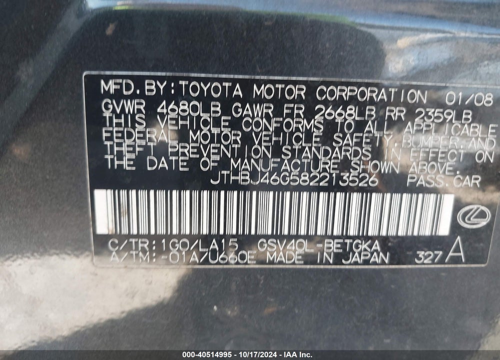2008 LEXUS ES 350 VIN: JTHBJ46G582213526