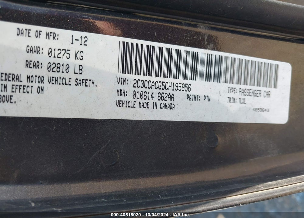 2012 CHRYSLER 300 VIN: 2C3CCACG5CH195956