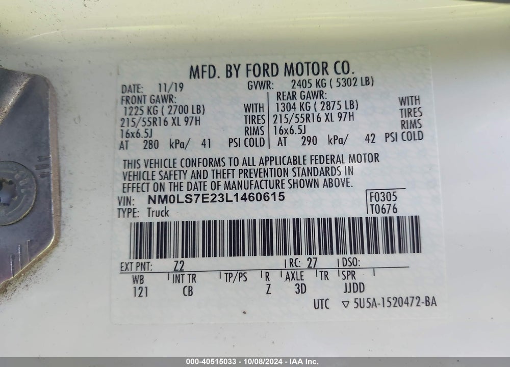 2020 FORD TRANSIT CONNECT XL CARGO VAN VIN: NM0LS7E23L1460615