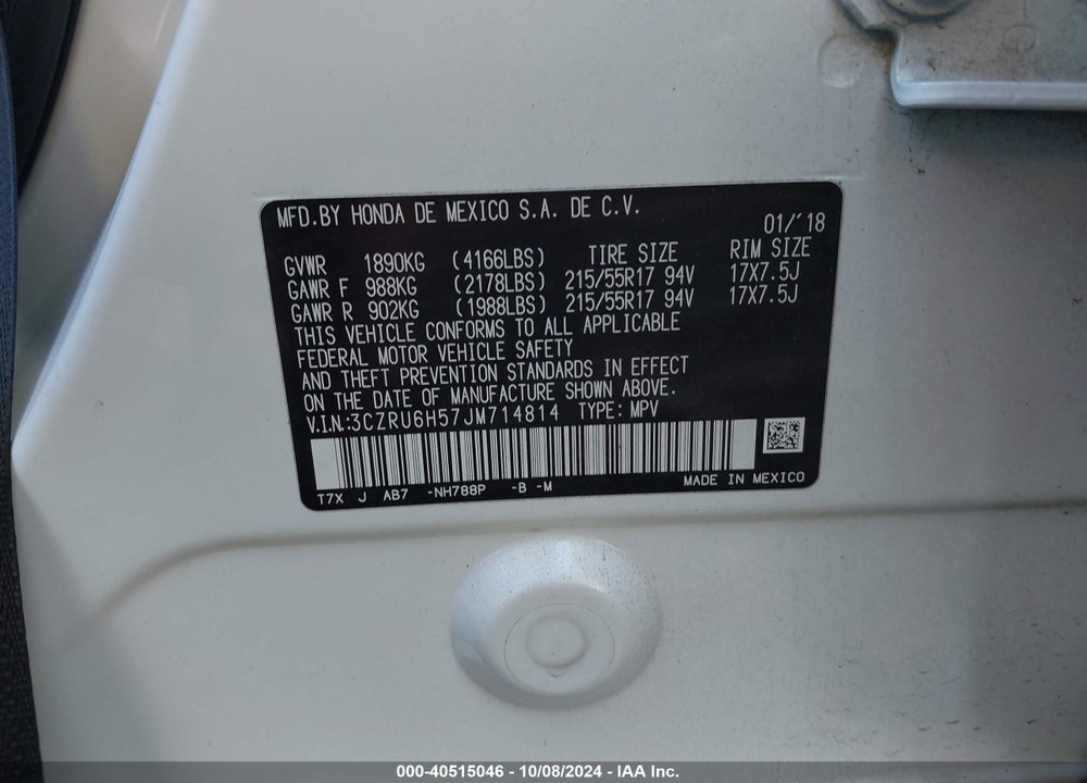 2018 HONDA HR-V VIN: 3CZRU6H57JM714814
