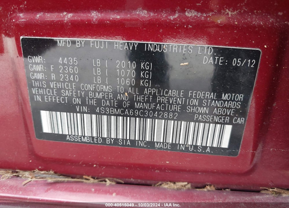 2012 SUBARU LEGACY 2.5I VIN: 4S3BMCA69C3042882