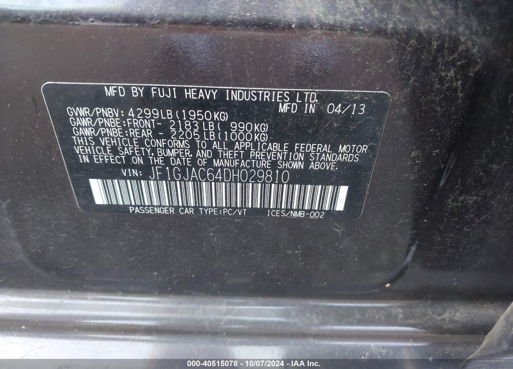 2013 SUBARU IMPREZA VIN: JF1GJAC64DH029810