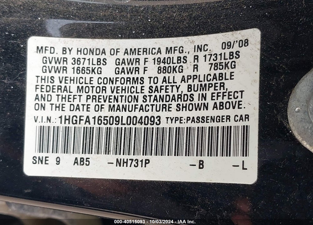 2009 HONDA CIVIC LX VIN: 1HGFA16509L004093