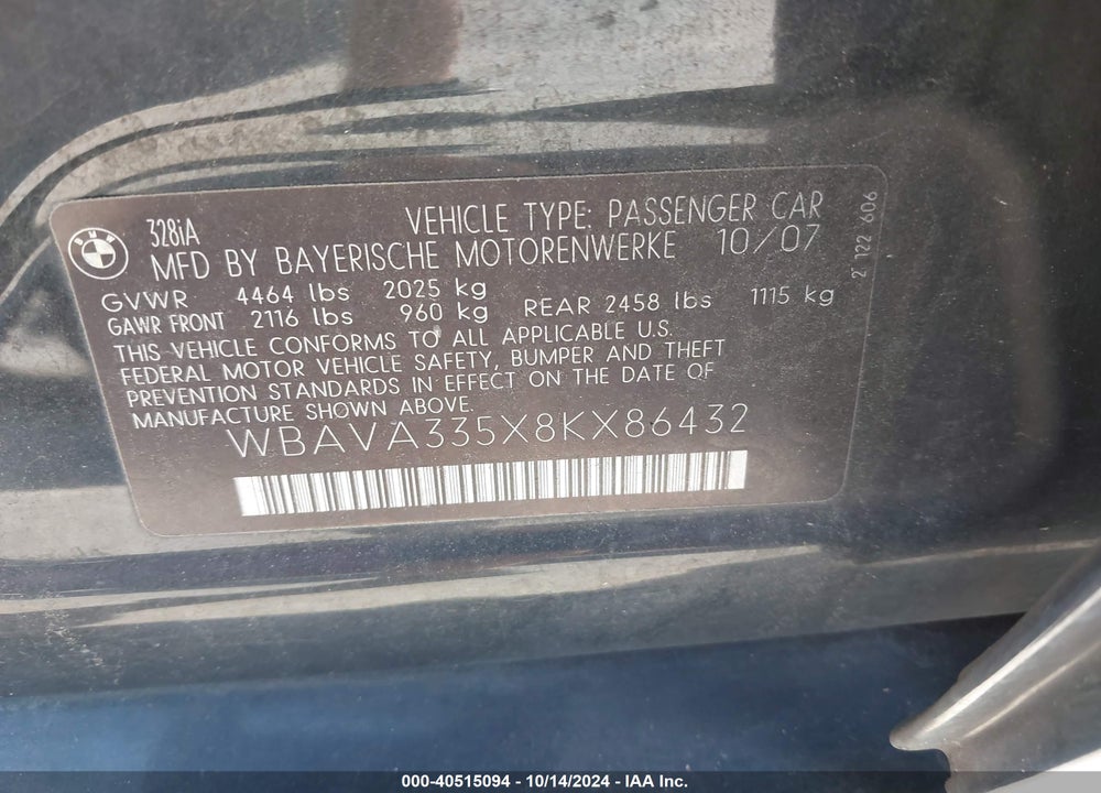 2008 BMW 328I VIN: WBAVA335X8KX86432