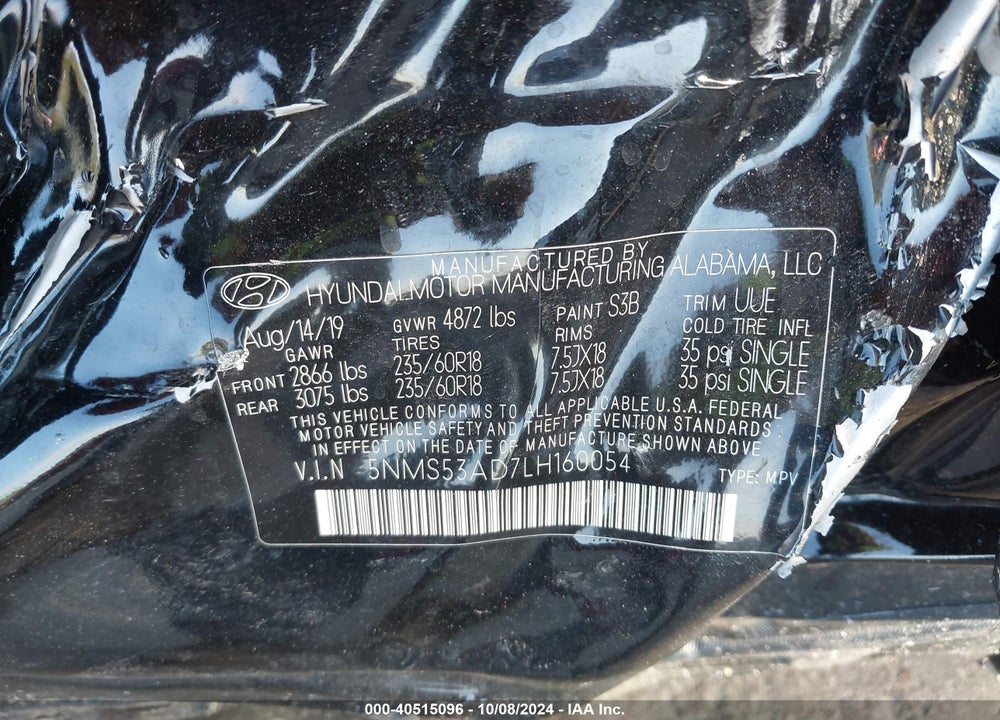 2020 HYUNDAI SANTA FE LIMITED VIN: 5NMS53AD7LH160054
