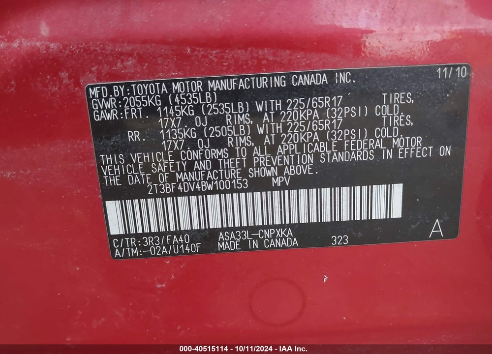 2011 TOYOTA RAV4 VIN: 2T3BF4DV4BW100153
