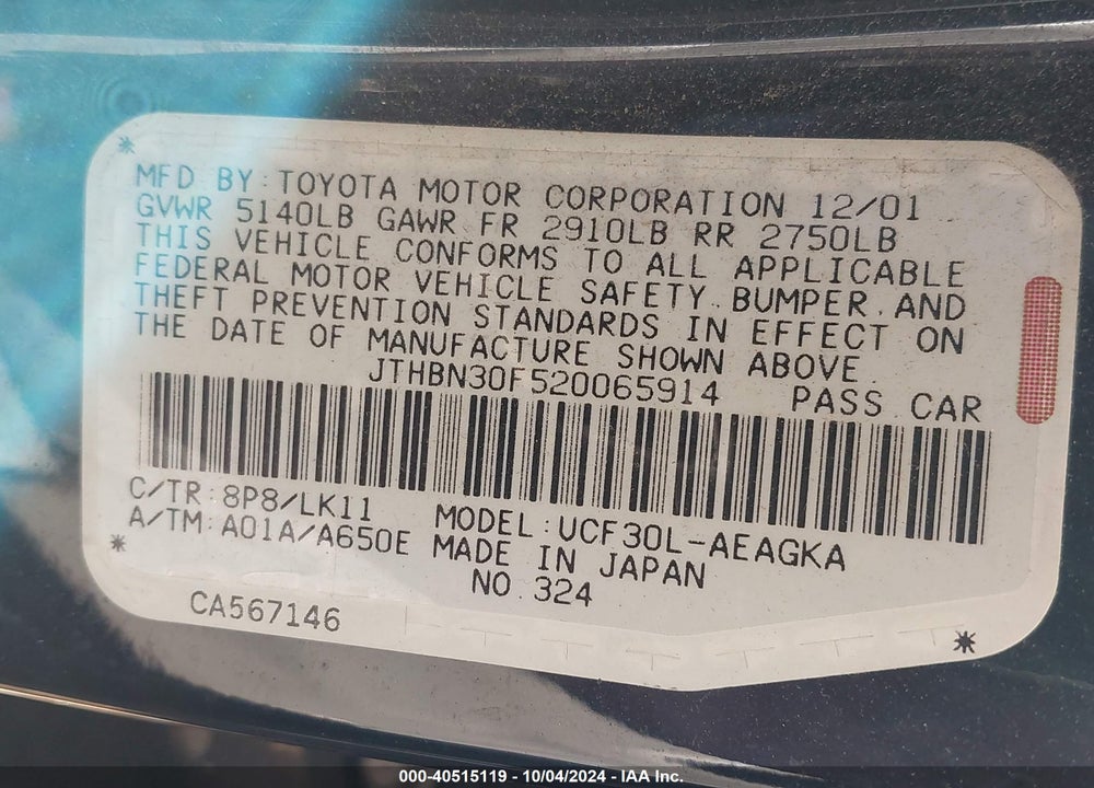 2002 LEXUS LS 430 VIN: JTHBN30F520065914