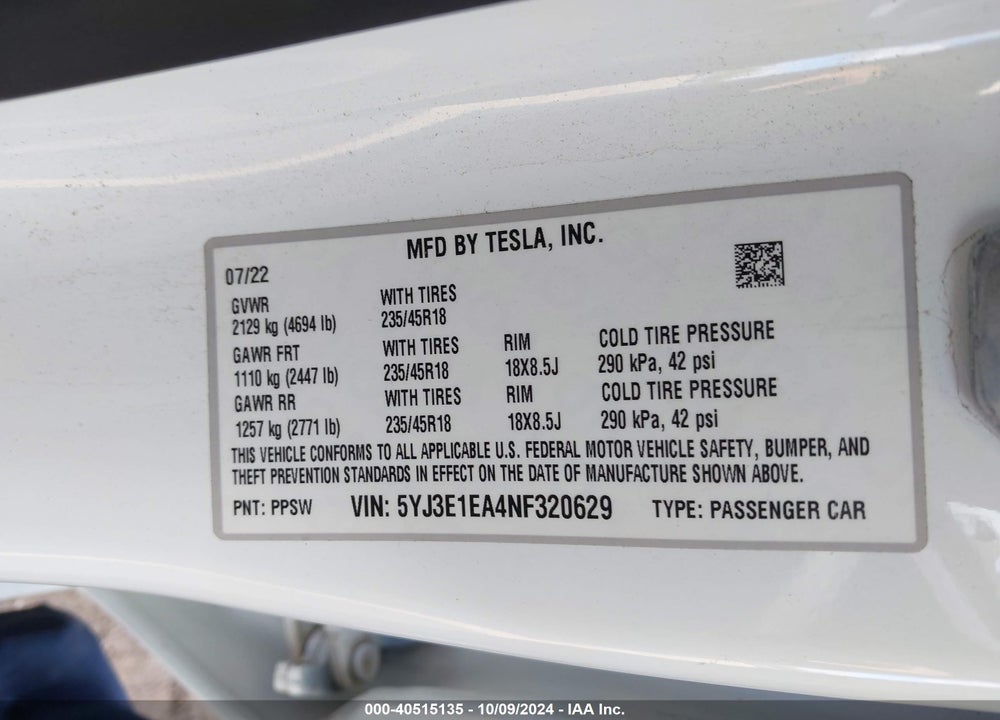 2022 TESLA MODEL 3 REAR-WHEEL DRIVE VIN: 5YJ3E1EA4NF320629