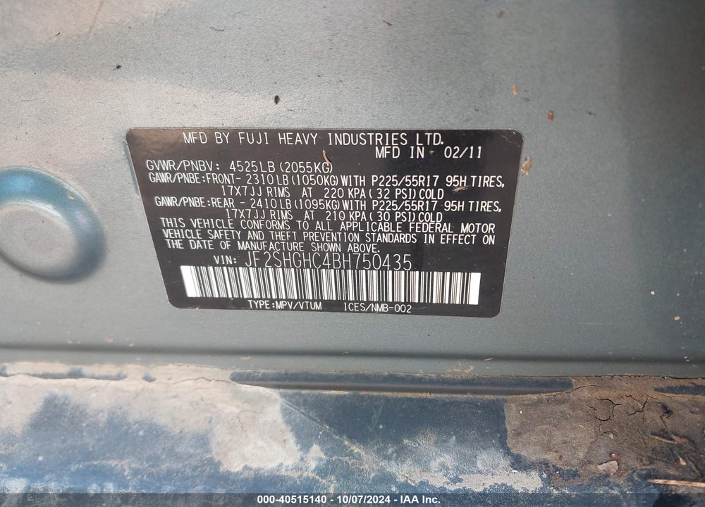 2011 SUBARU FORESTER 2.5XT TOURING VIN: JF2SHGHC4BH750435