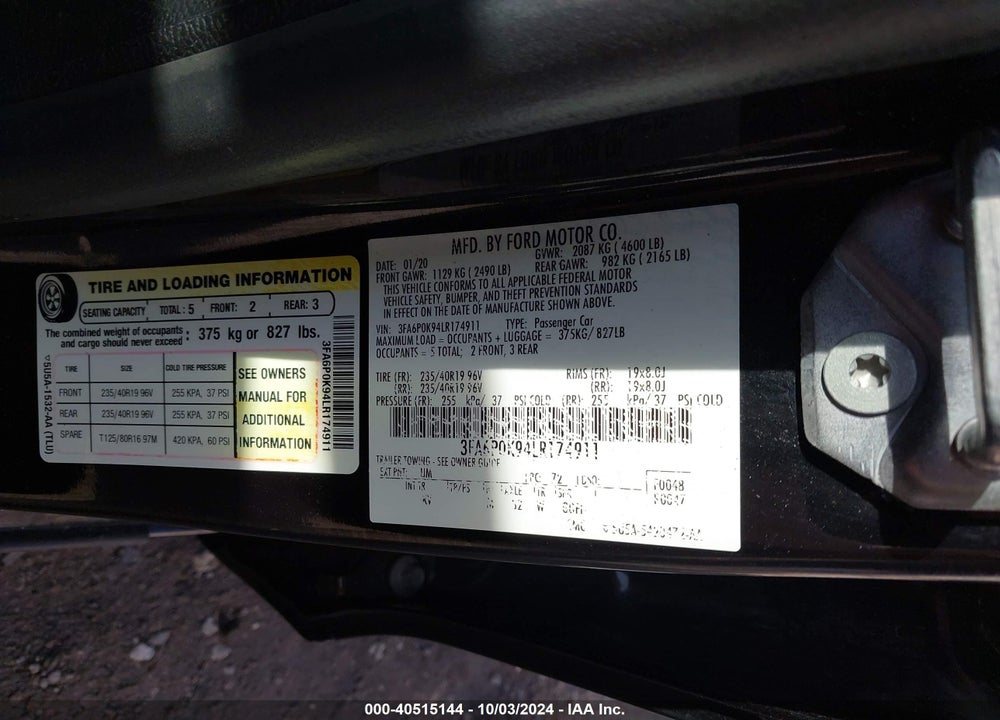 2020 FORD FUSION TITANIUM VIN: 3FA6P0K94LR174911
