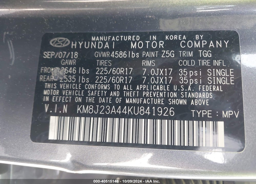 2019 HYUNDAI TUCSON SE VIN: KM8J23A44KU841926