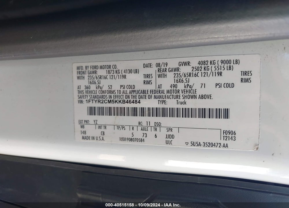 2019 FORD TRANSIT-250 VIN: 1FTYR2CM5KKB46484