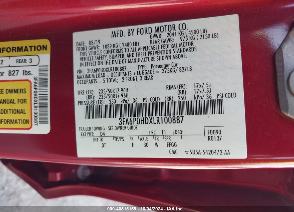 2020 FORD FUSION SE VIN: 3FA6P0HDXLR100887