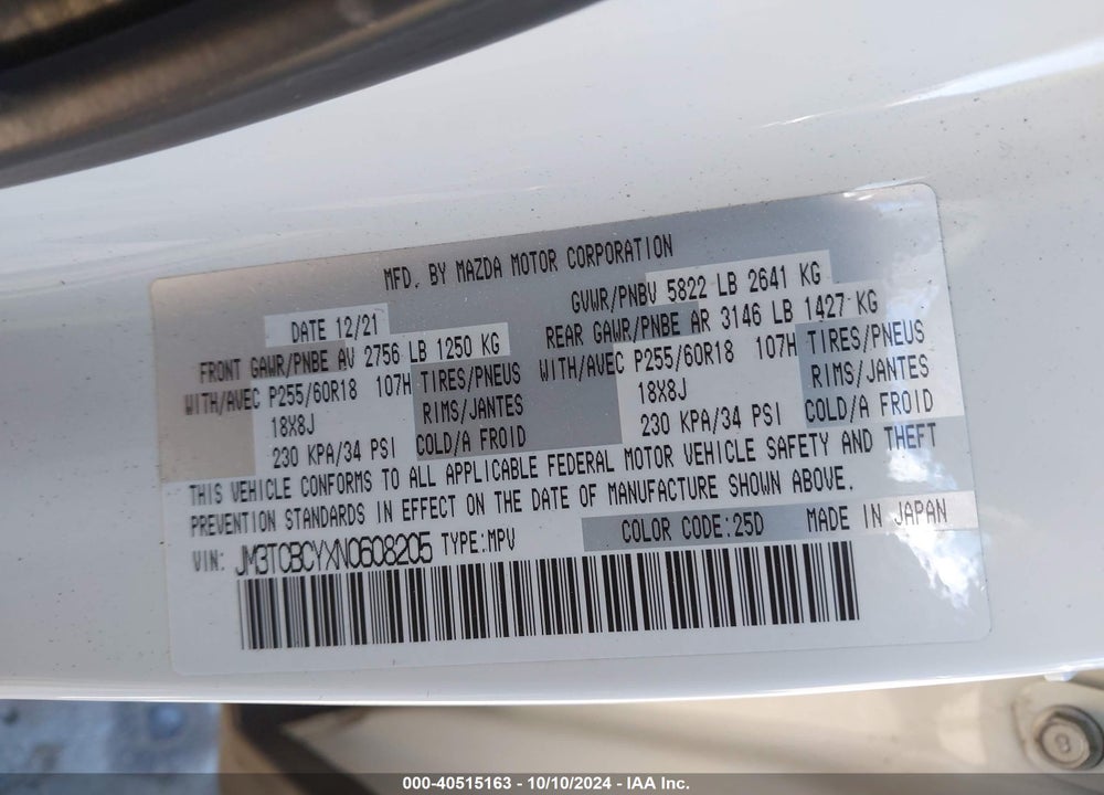 2022 MAZDA CX-9 TOURING VIN: JM3TCBCYXN0608205