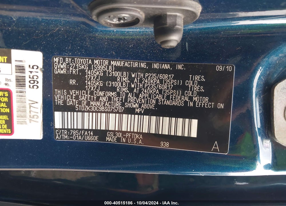 2011 TOYOTA SIENNA BASE V6 VIN: 5TDZK3DC9BS075707