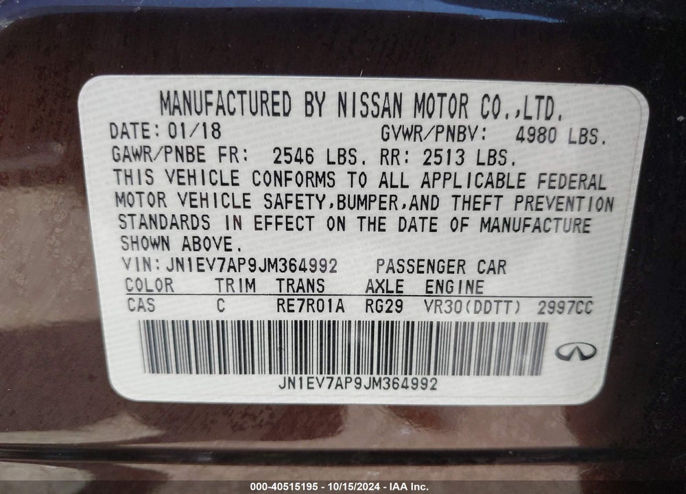 2018 INFINITI Q50 3.0T LUXE VIN: JN1EV7AP9JM364992