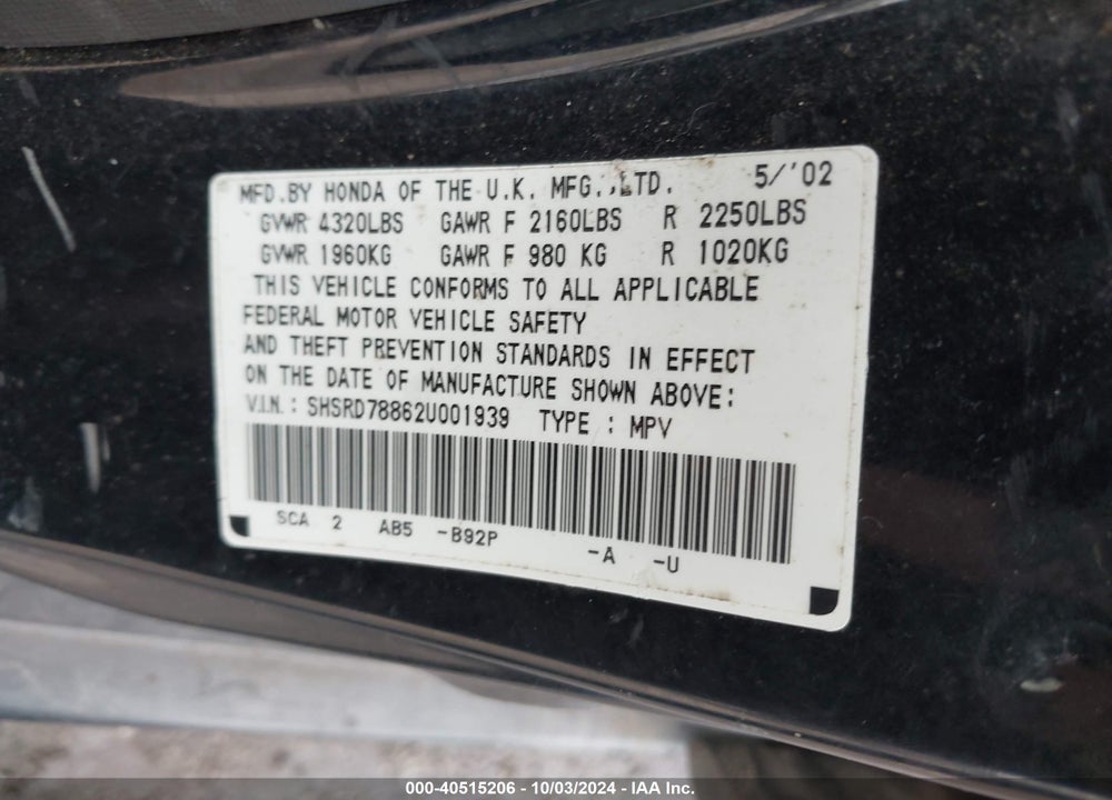 2002 HONDA CR-V EX VIN: SHSRD78862U001939