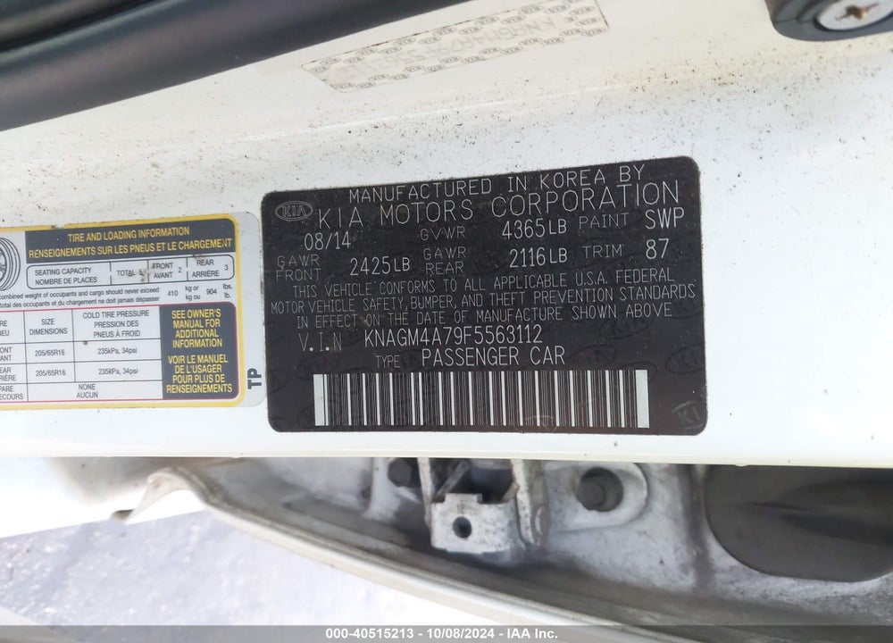 2015 KIA OPTIMA LX VIN: KNAGM4A79F5563112