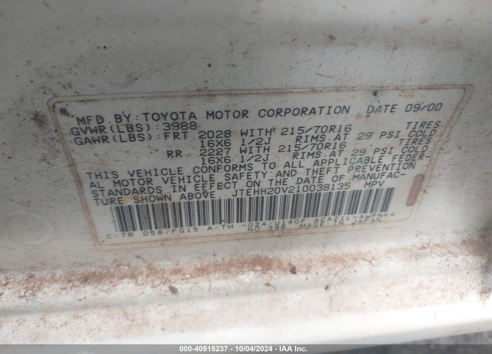2001 TOYOTA RAV4 VIN: JTEHH20V210038135