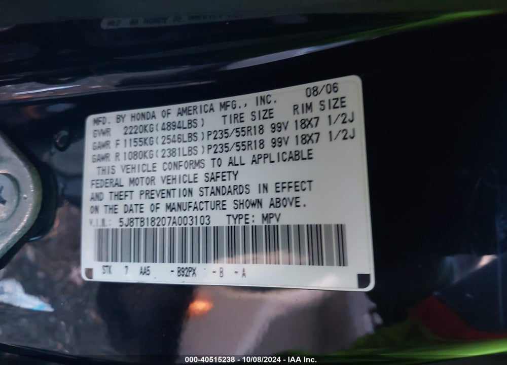 2007 ACURA RDX VIN: 5J8TB18207A003103