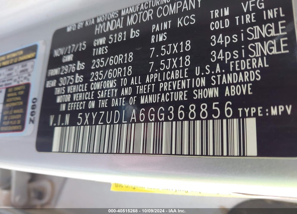2016 HYUNDAI SANTA FE SPORT 2.0L TURBO VIN: 5XYZUDLA6GG368856