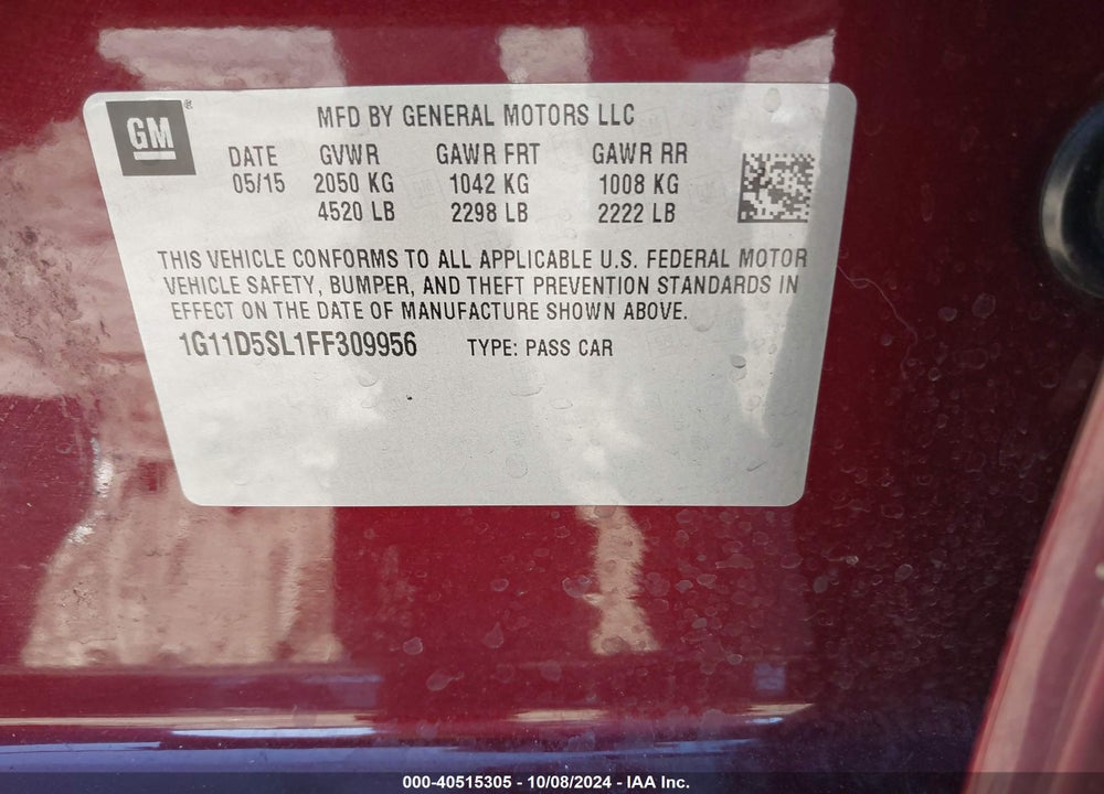 2015 CHEVROLET MALIBU 2LT VIN: 1G11D5SL1FF309956