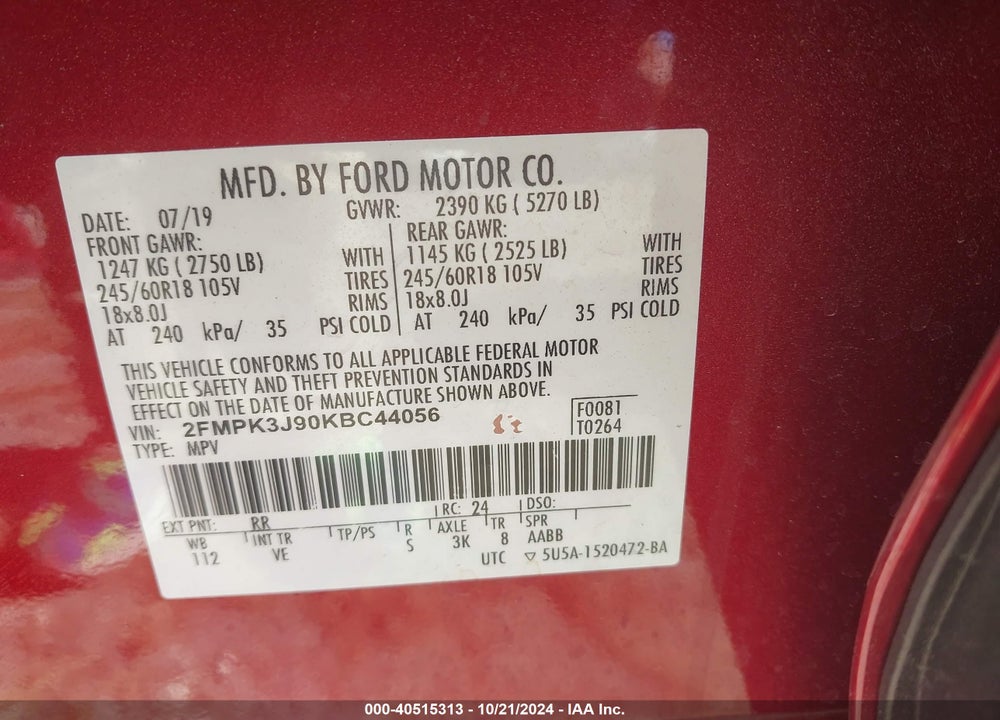 2019 FORD EDGE SEL VIN: 2FMPK3J90KBC44056