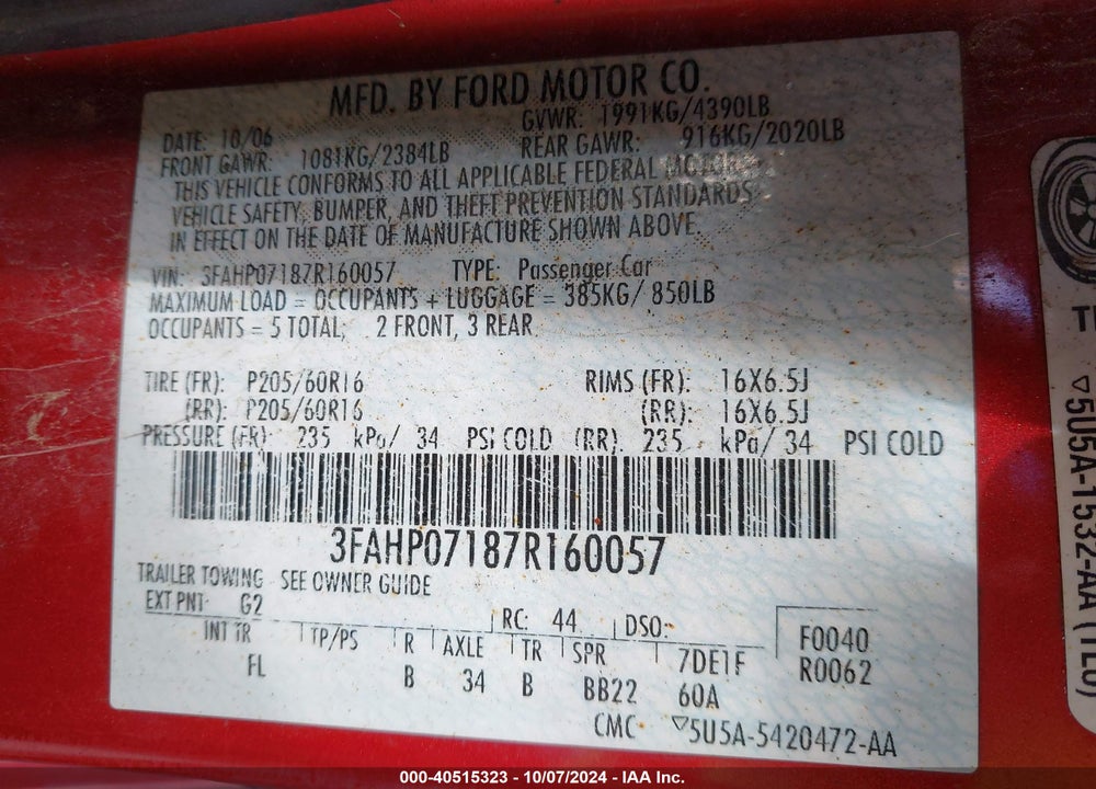 2007 FORD FUSION SE VIN: 3FAHP07187R160057