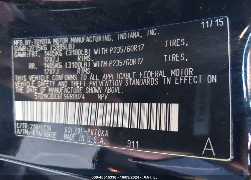 2015 TOYOTA SIENNA XLE 8 PASSENGER VIN: 5TDYK3DC6FS680074