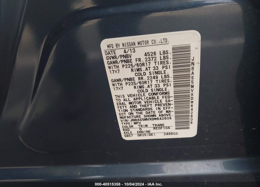 2013 NISSAN ROGUE SV VIN: JN8AS5MVXDW642606