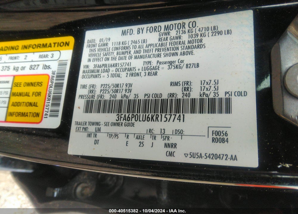 2019 FORD FUSION HYBRID SE VIN: 3FA6P0LU6KR157741