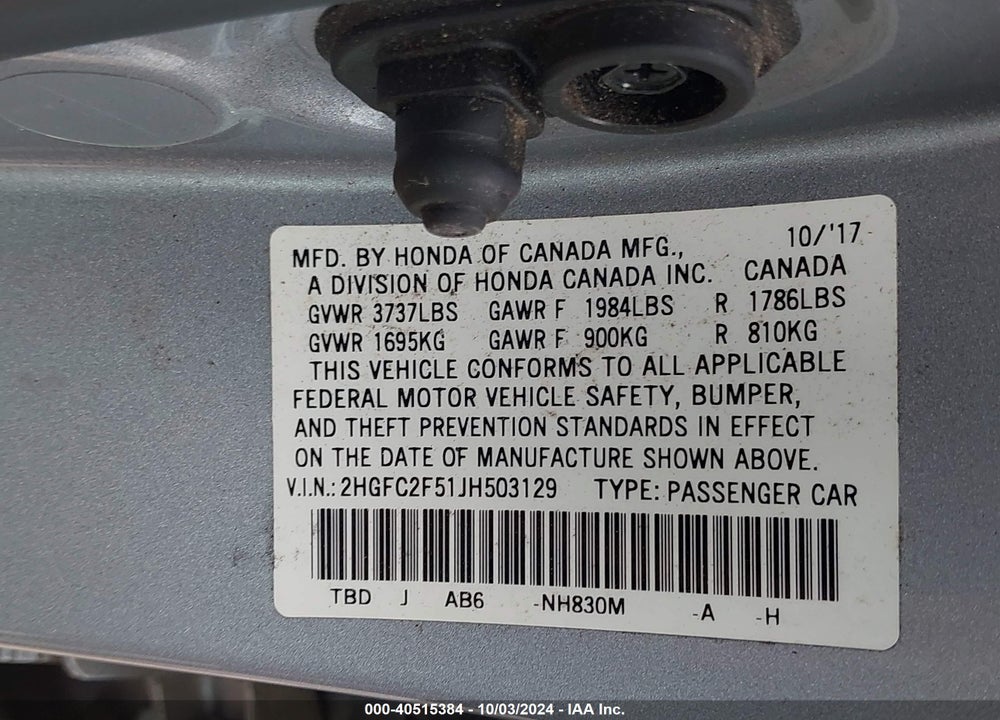 2018 HONDA CIVIC LX VIN: 2HGFC2F51JH503129