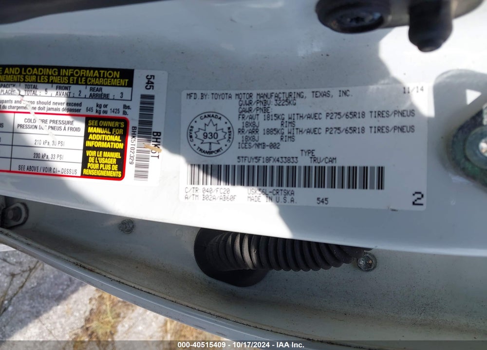 2015 TOYOTA TUNDRA SR 5.7L V8 VIN: 5TFUY5F18FX433833