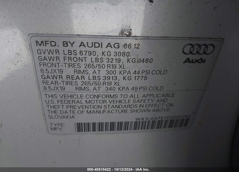 2013 AUDI Q7 3.0T PREMIUM VIN: WA1LGAFE7DD001754