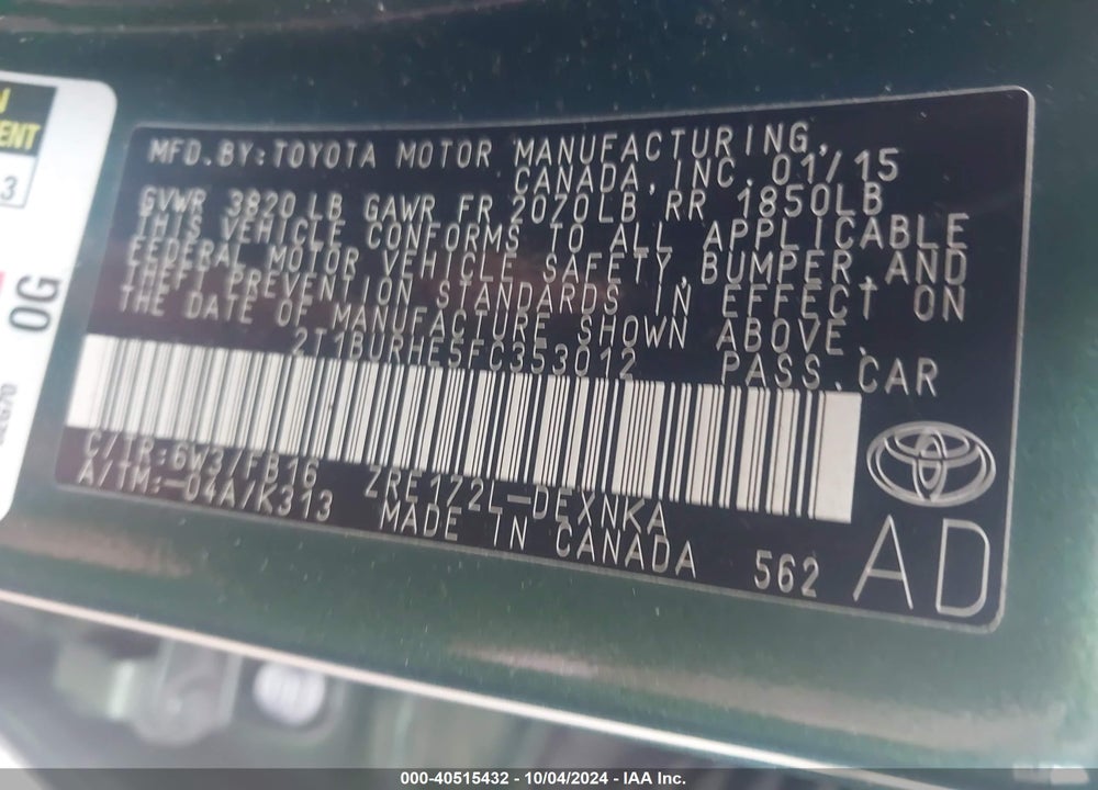 2015 TOYOTA COROLLA LE VIN: 2T1BURHE5FC353012