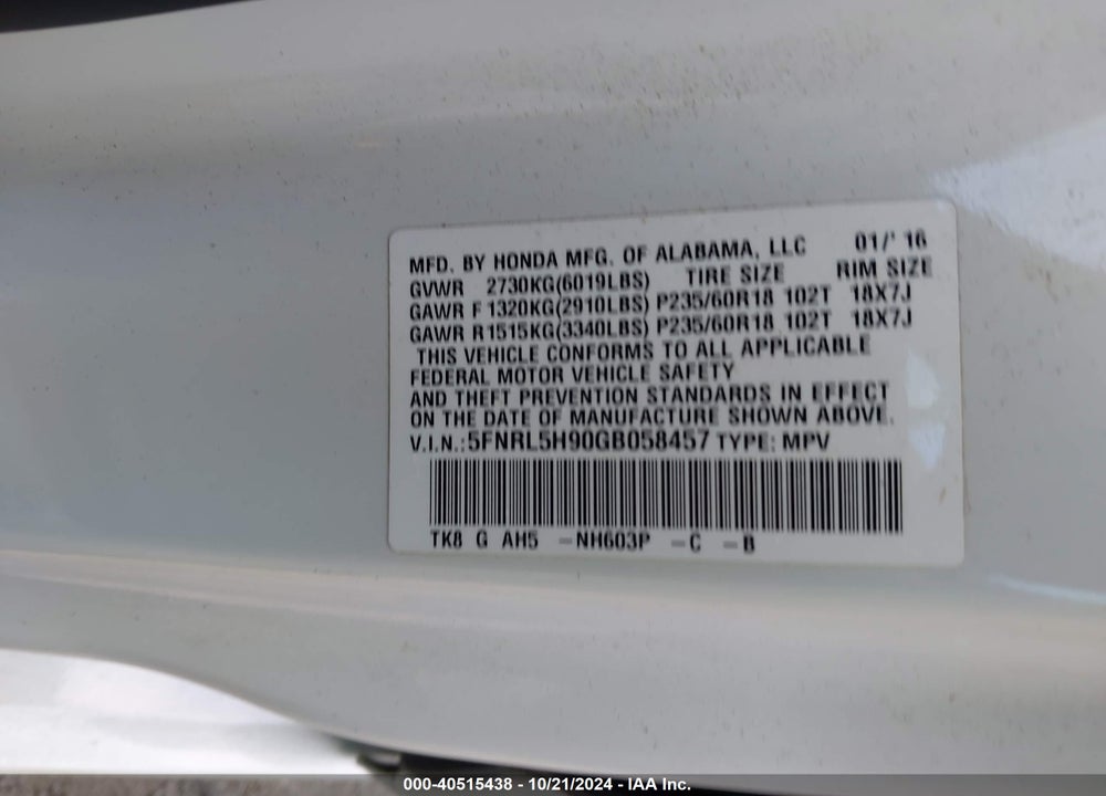 2016 HONDA ODYSSEY TOURING/TOURING ELITE VIN: 5FNRL5H90GB058457