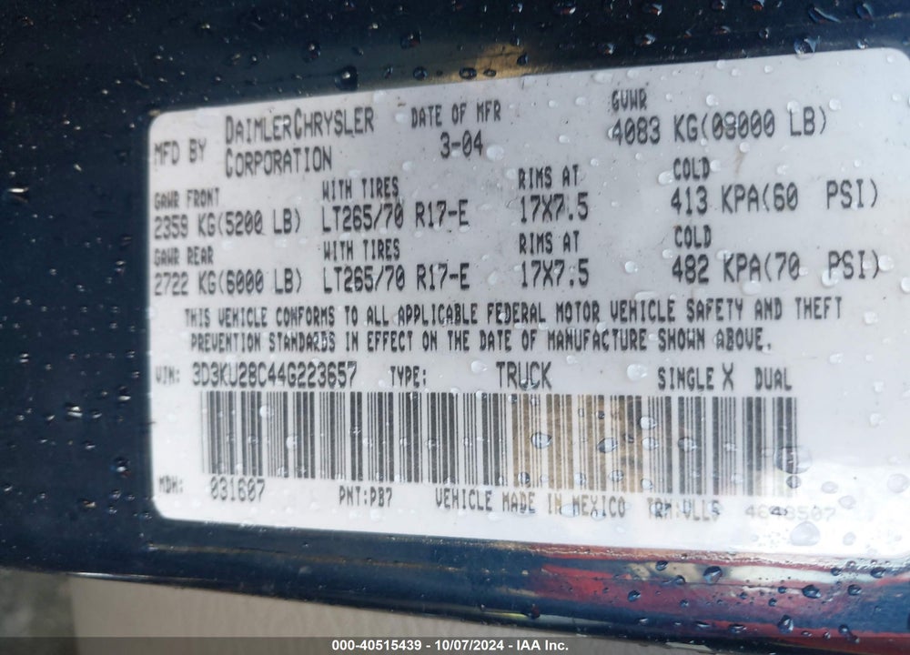 2004 DODGE RAM 2500 SLT/LARAMIE VIN: 3D3KU28C44G223657