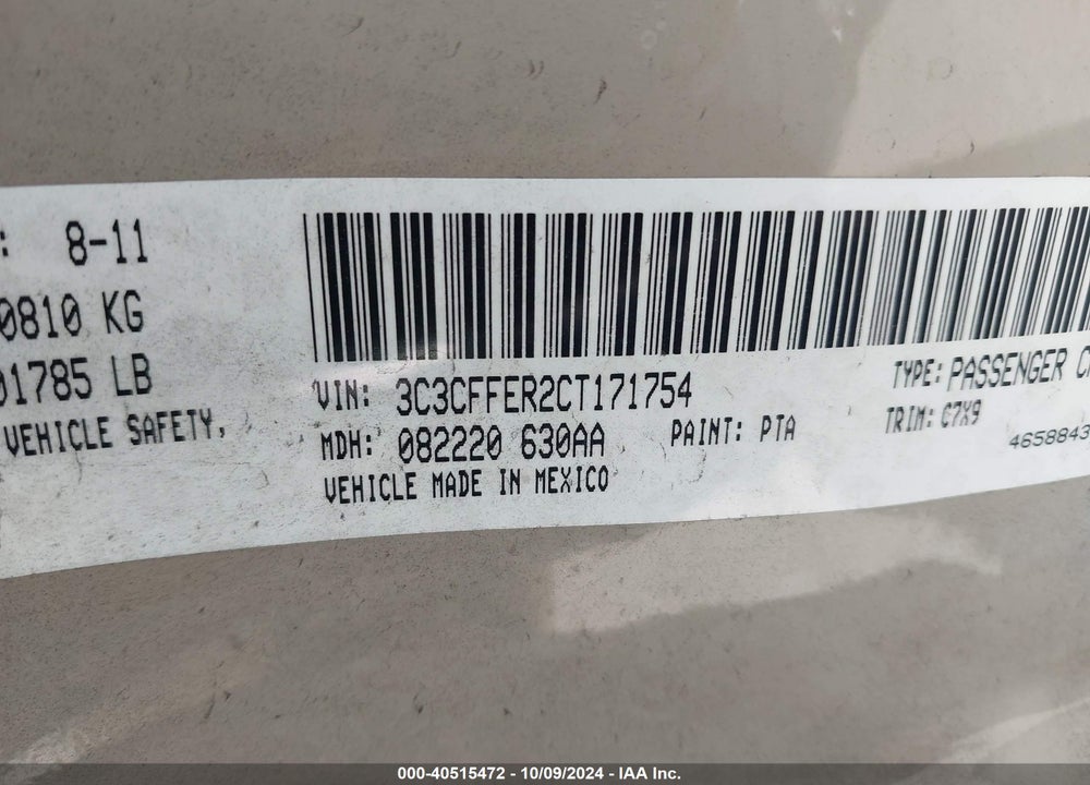2012 FIAT 500C LOUNGE VIN: 3C3CFFER2CT171754