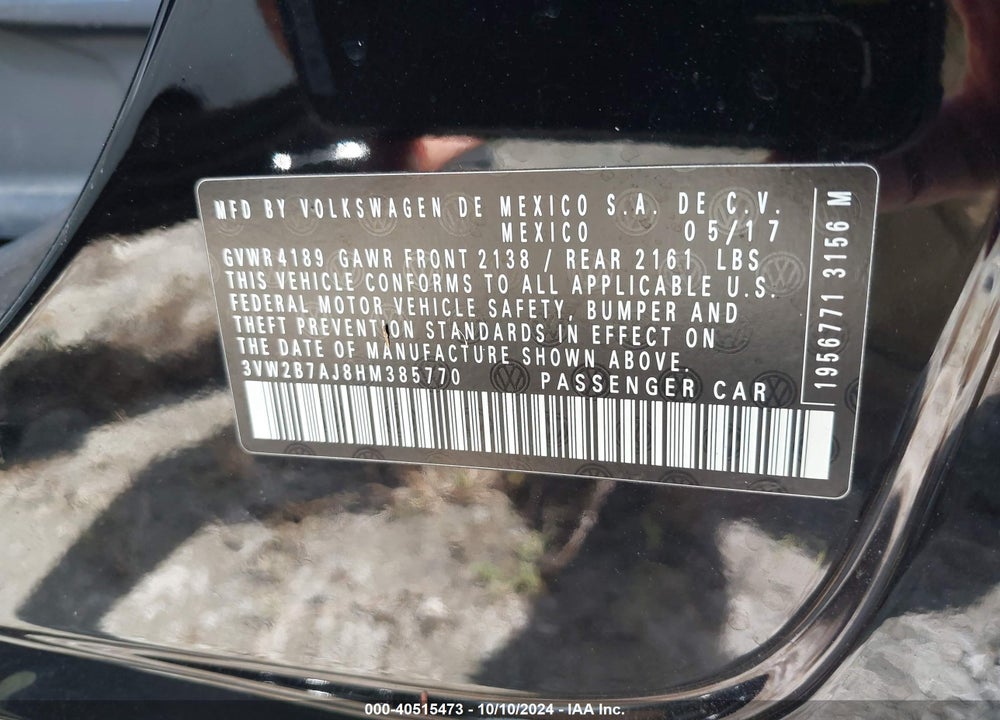 2017 VOLKSWAGEN JETTA 1.4T S VIN: 3VW2B7AJ8HM385770