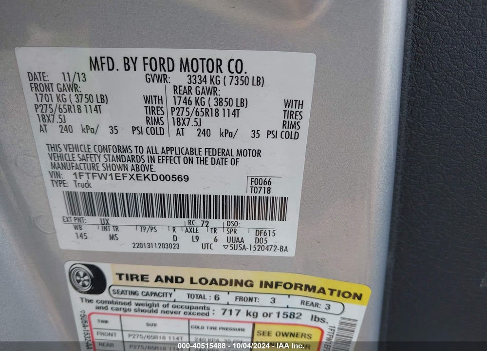 2014 FORD F-150 XLT VIN: 1FTFW1EFXEKD00569