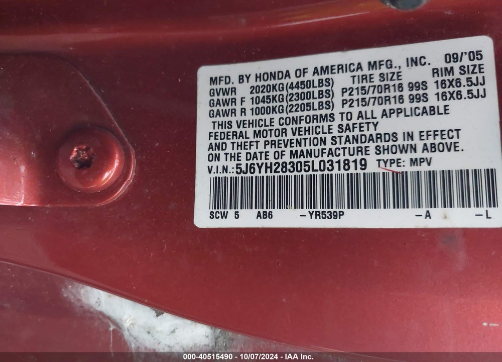 2005 HONDA ELEMENT LX VIN: 5J6YH28305L031819
