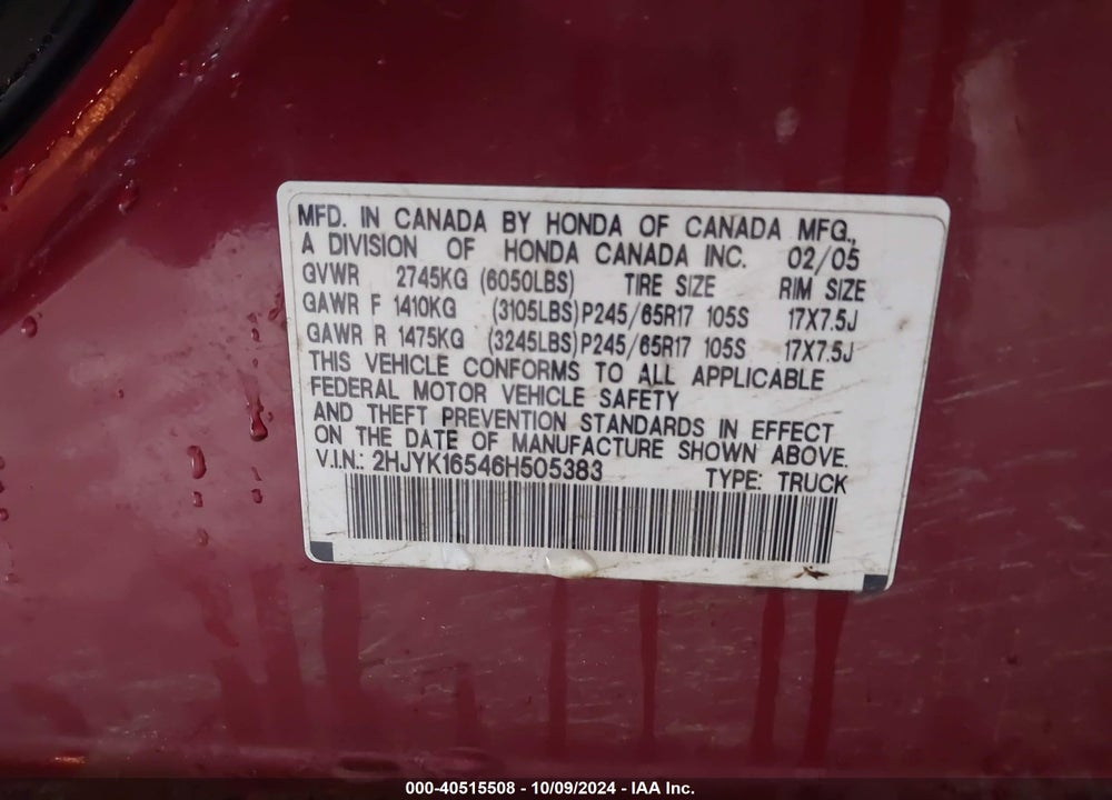 2006 HONDA RIDGELINE VIN: 2HJYK16546H505383