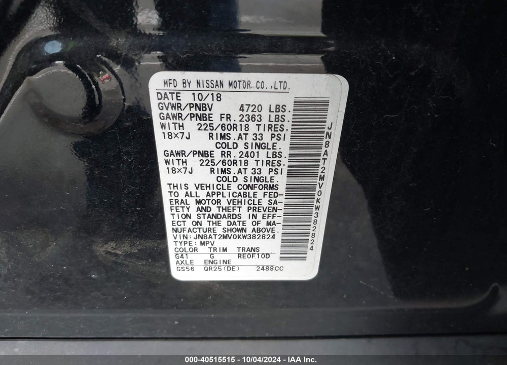 2019 NISSAN ROGUE SV VIN: JN8AT2MV0KW382824