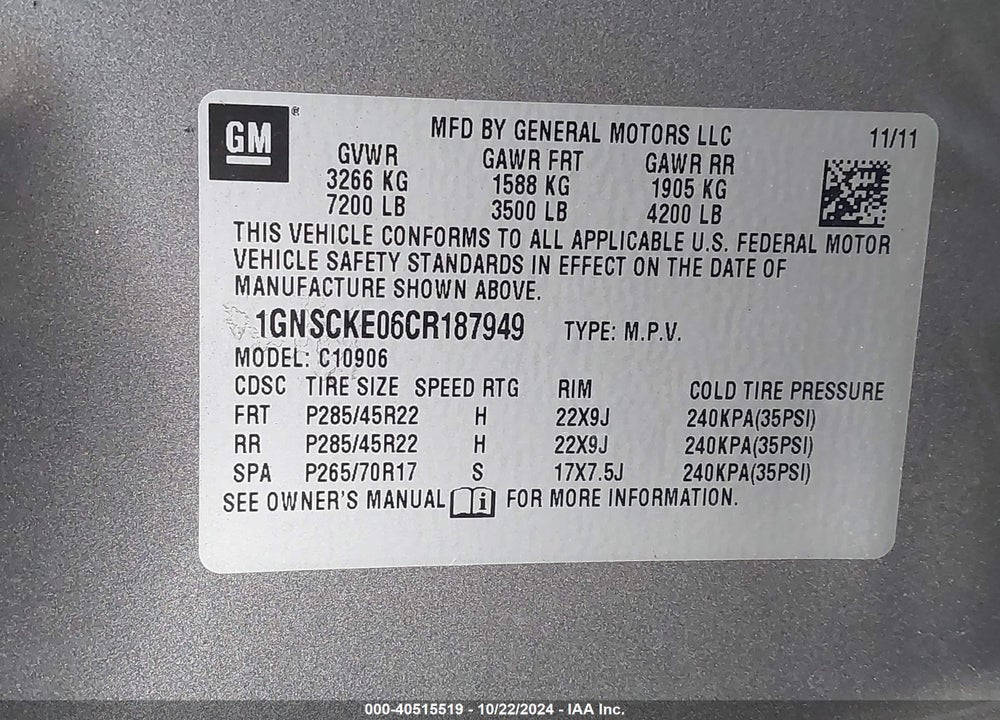 2012 CHEVROLET SUBURBAN 1500 LTZ VIN: 1GNSCKE06CR187949