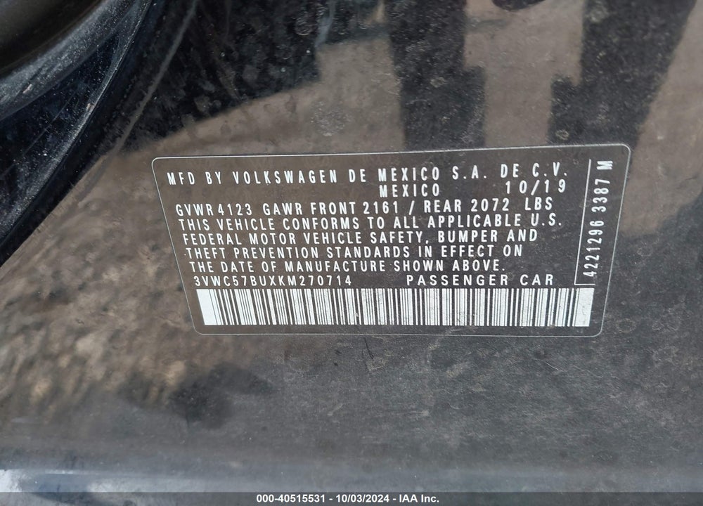 2019 VOLKSWAGEN JETTA 1.4T R-LINE/1.4T S/1.4T SE VIN: 3VWC57BUXKM270714